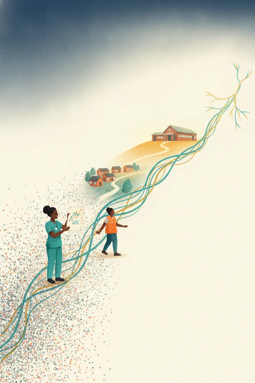 Cover illustration: scattered noise resolving into a clear nerve signal across a health system at sunrise.
